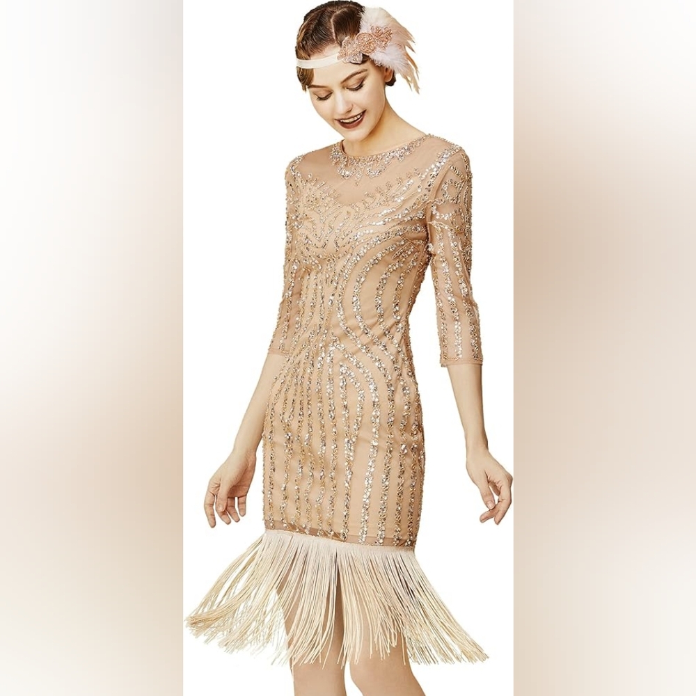 Babeyond Elegant Beige and Silver Women's Dress XL